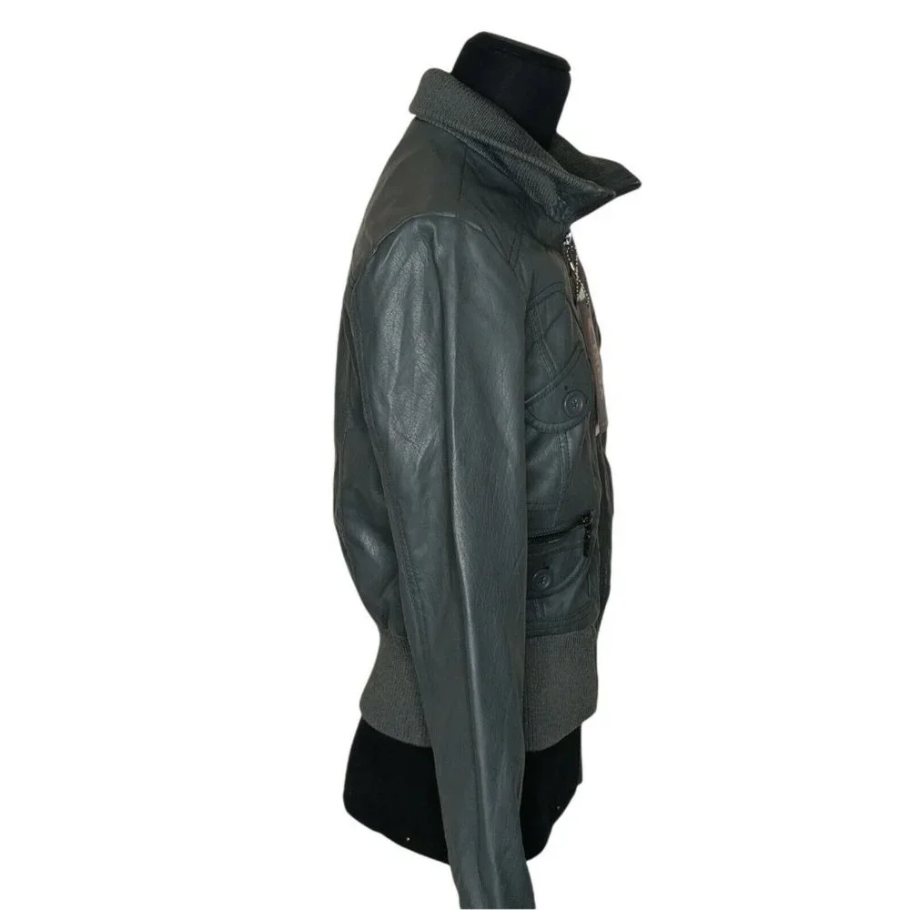 New York YOKI Faux Leather Grey Colored Bomber Jacket Large Long Sleeves NWT - Picture 4 of 6